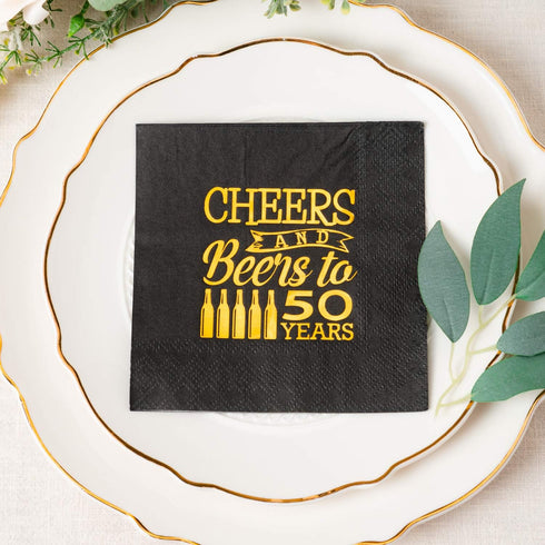Crisky Cheers to 50 Years - 50th Birthday Napkins, Black and Gold, 50 PCS, 3-Ply