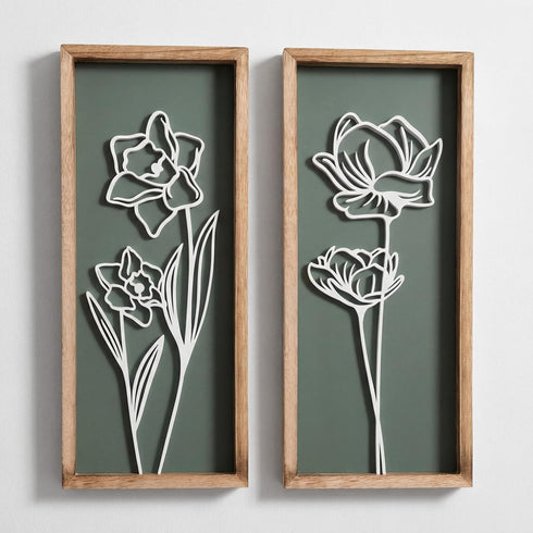 3D Floral Green Wall Art (Set of 2) Lightweight, Wooden Ready-to-Hang Boho