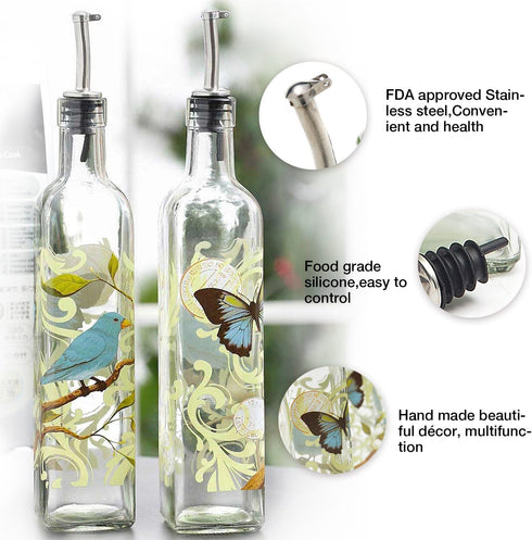 CEDAR HOME 17oz Olive Oil Bottle Set, Glass Dispenser with Stainless Steel Leak Proof Pourer Spout for Cooking or Salad