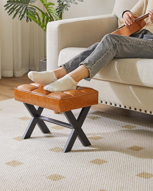 12" WBD012J IBUYKE Small H Footrest Stool, Square PU Foot Stool with Metal X-Leg, Multi-Use as Small Side Table, Step