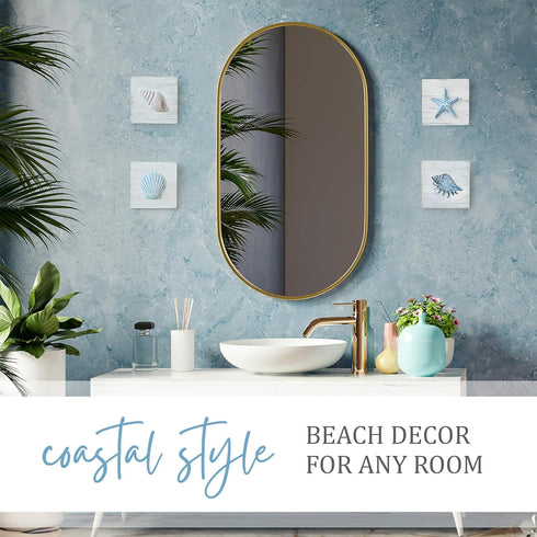 TideAndTales Beach Decor Seashell Wall Art - Set of 4 Textured 3D Shells and Starfish Decorations for Coastal Bedroom