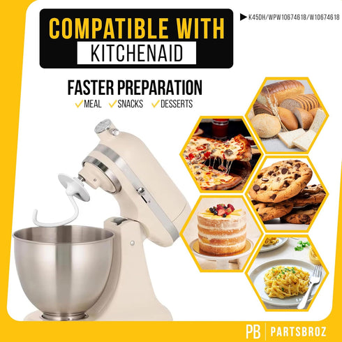 PartsBroz Kitchen Aid Dough Hook Attachment - 4.5 Qt, 5 Qt for KitchenAid Stand Mixer K45DH for Artisan Bread Kneading