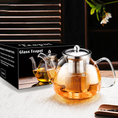 PARACITY 34 OZ Glass Teapot, Borosilicate Clear Tea Kettle with Removable Stainless Steel Infuser for Camping, Travel