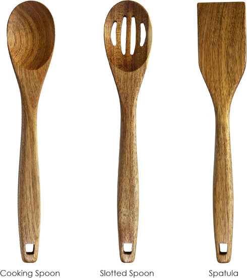 3 Piece Acacia Wood Kitchen Utensils Set, Wooden Cooking Utensils for Home and Kitchen