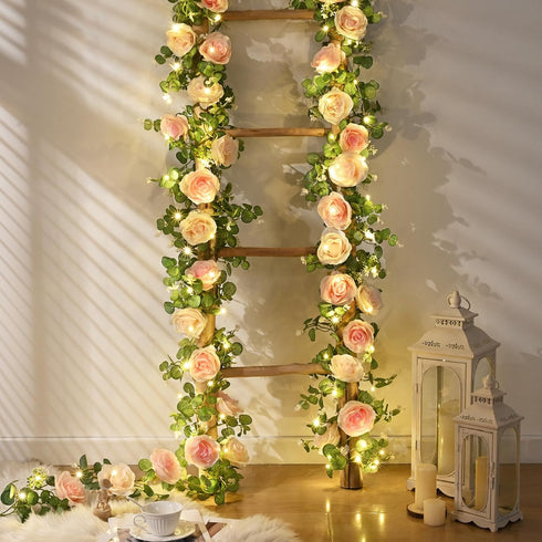 2Pcs 8 Dolicer Artificial Eucalyptus Garlands with Flowers - Roses, Faux Floral Greenery Garlands Fake Flower Vines