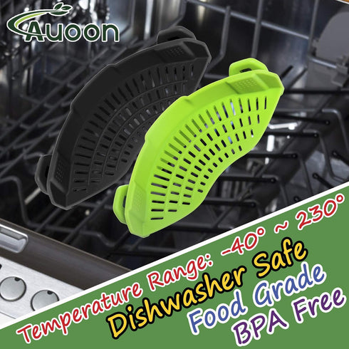 2PACK AUOON Clip on Strainer for All Pots Pans, Silicone Pasta Strainer Kitchen Colander, BlackGreen