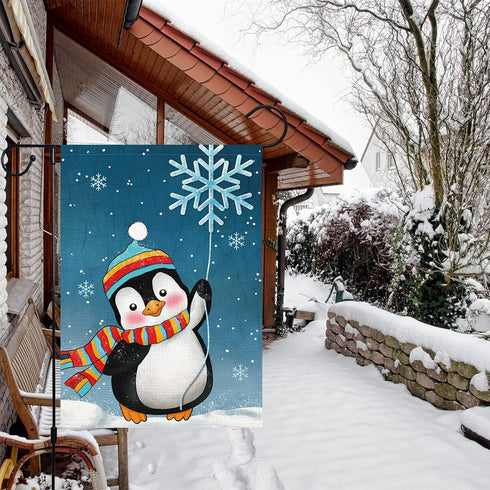 Winter Penguins Garden Flag 12x18 Inch Double Sided Burlap Welcome Christmas Snowflakes Scarfs Outdoor Holiday
