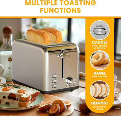 Simple Deluxe 2-Slice Toaster, Silver, 6 Browning Settings, 3 Functions, Extra Wide Slot & Removable Crumb Tray