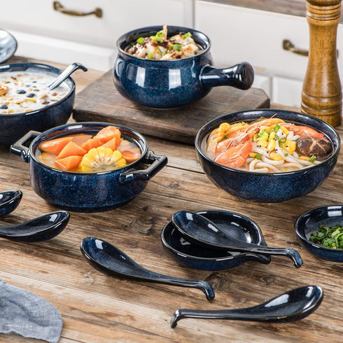 Vicrays Set of 6 Ceramic Soup Spoons, 6.4 Inch Asian Porcelain Ladle Utensils for Ramen, Dumplings, Pho, Miso (Blue)