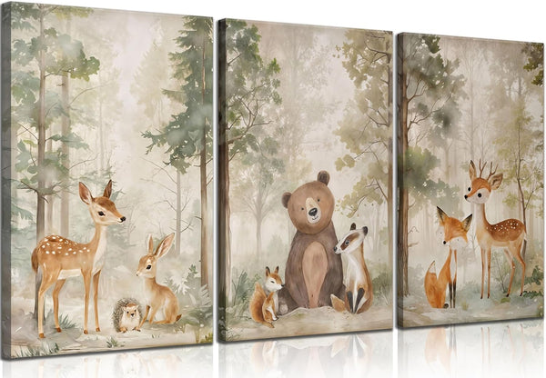 MIZILI 3Pcs Woodland Animal Nursery Canvas wall art Wild Animals Forest Paintings