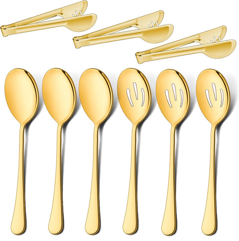 LIANYU 3 Large Gold Serving Spoons, 3 Gold Slotted Serving Spoons, 3 Gold Serving Tongs - 9.8 Inch Stainless Steel