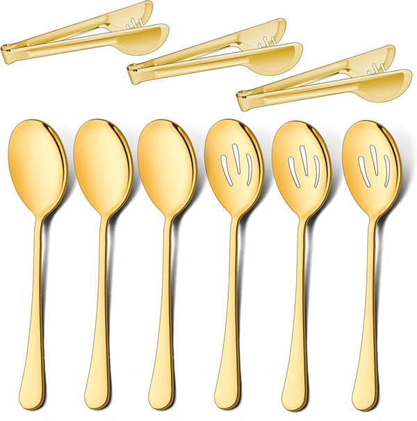 LIANYU 3 Large Gold Serving Spoons, 3 Gold Slotted Serving Spoons, 3 Gold Serving Tongs - 9.8 Inch Stainless Steel