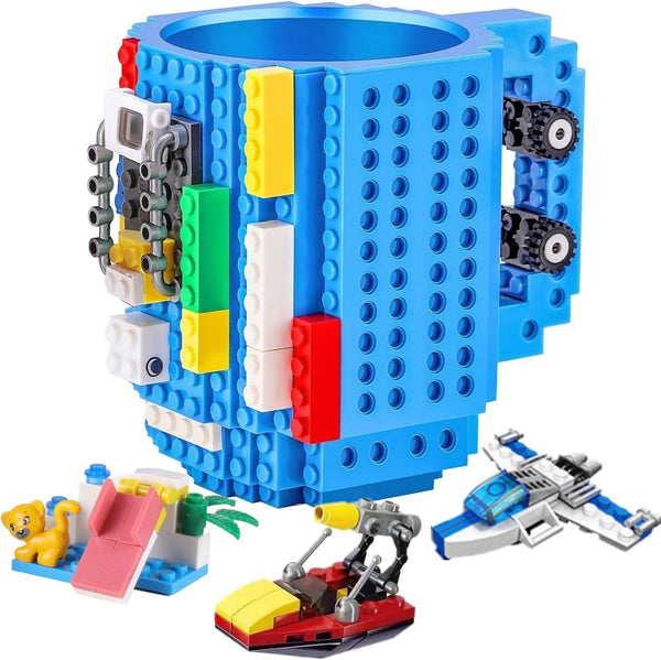 Build on Brick Coffee Mugs, Creative DIY Kids Party Cups with Building Blocks, Fun Gifts for Kids and Adults, Blue