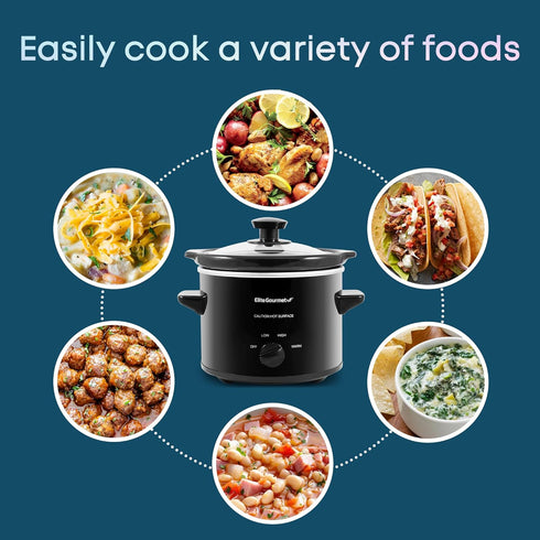 Elite Gourmet MST239X Electric Round Slow Cooker, 2 Quart, Adjustable Temp, Black, Dishwasher Safe Glass Lid