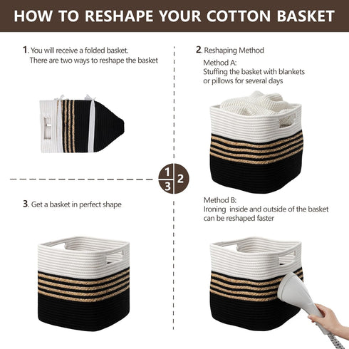 UBBCARE Set of 3 Black Water Hyacinth Storage Cubes, 11 x 10.5 x 10.5 in, Woven Baskets with Handles