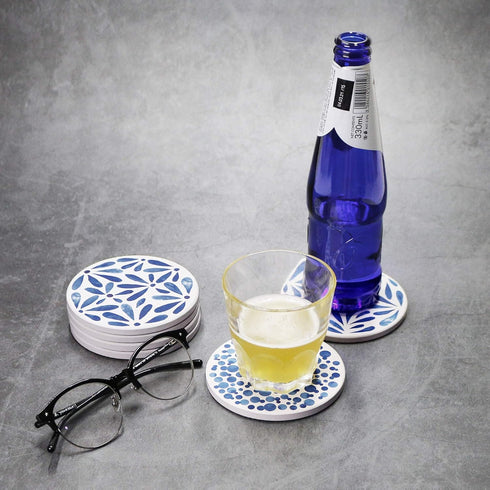 AD Set of 6 Absorbing Round Ceramic Coasters with Cork Base, Tabletop Protection Mat for Mugs & Cups (Indigo Blue)