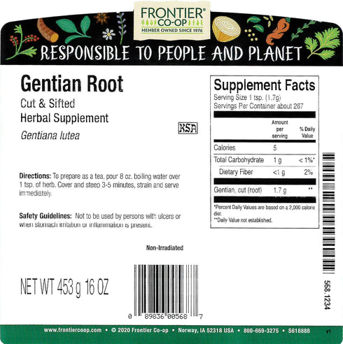 1lb Frontier Co-op Gentian Root, Cut & Sifted, Bulk Bag - Natural Dried Herb - Bitter Taste - Ideal for Gentian Root