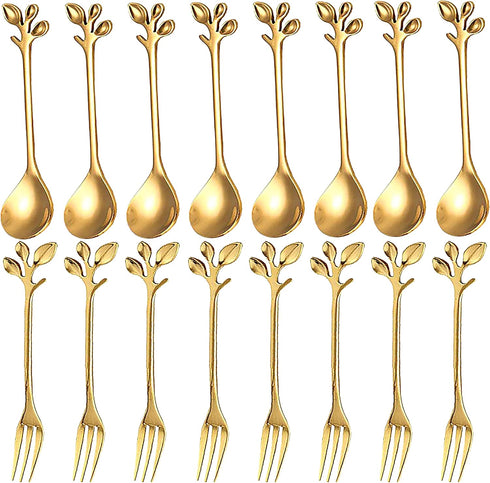 16 Pcs Stainless Steel Gold Leaf Coffee Spoon, Appetizer Fork - 4.7" Creative Tableware Dessert Spoons, Stirring,