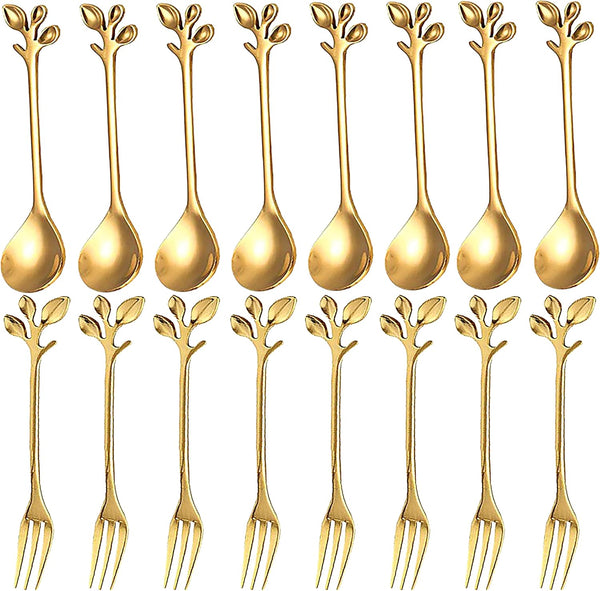 16 Pcs Stainless Steel Gold Leaf Coffee Spoon, Appetizer Fork - 4.7" Creative Tableware Dessert Spoons, Stirring,