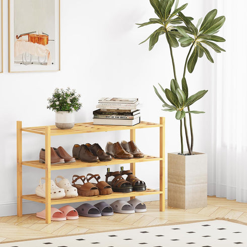 Closet 3 Bamboo Shoe Rack for Tier, Durable Wooden Shoe Rack, Space-Saving Stackable Shoe Organizer for Entryway, Dorm