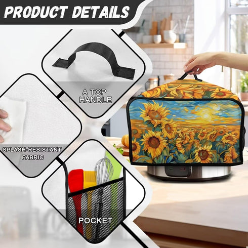 Oil Painting Sunflower Slow Cooker Dust Cover, Yellow Air Fryer Cover with Top Handle and Storage Pockets