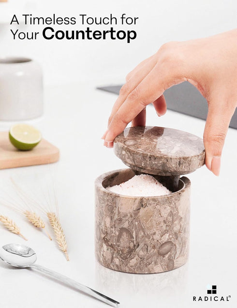 3" Inch Set 2 Countertop Radicaln Marble Salt Cellar with Lid and Tray Oceanic & Black Handmade of Seasoning Jars