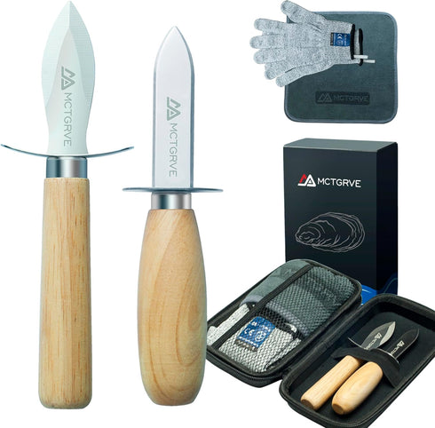 Oyster Shucking Knife and Glove Set - 2pcs Oyster Knife with Level5 Protection Gloves and Kitchen Cloth in Storage Bag