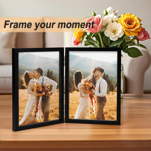 AEVETE 5x7 Double Hinged Wood Folding Picture Frames, Vertical with Plexiglass Front, Black