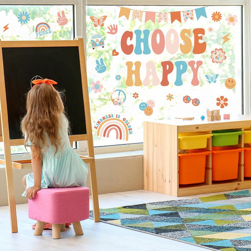 Choose Happy Window Clings Retro Groovy Inspiration Window Stickers Double Sided Boho Daisy Rainbow Positive Glass Decals for Party Home School Wall Decor, 6 Sheet