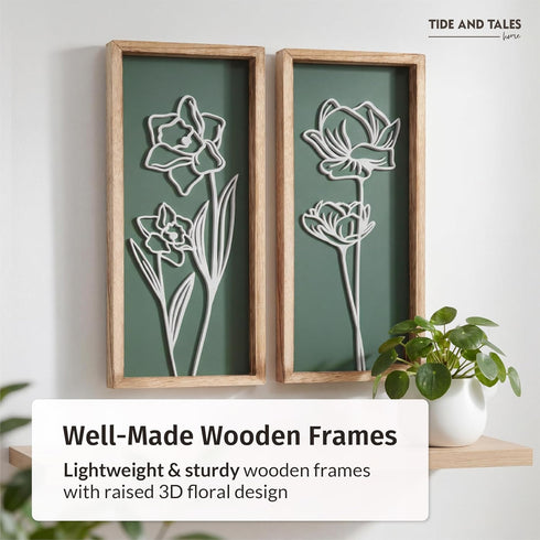 3D (Set 2) Floral Green Wall Art of Lightweight, Wooden Ready-to-Hang Boho Framed Wall Art for Bathroom, Bedroom
