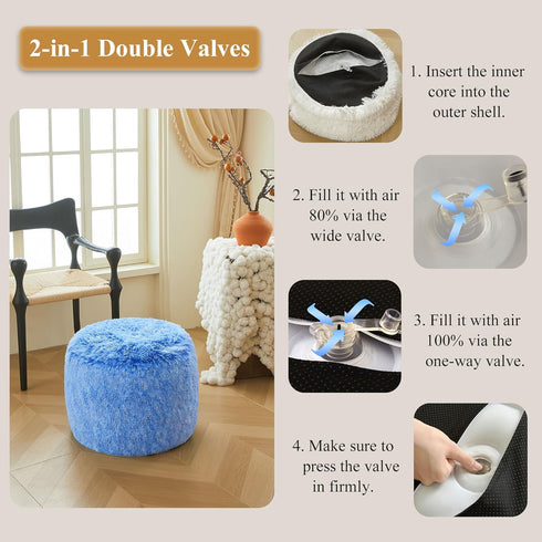 XeGe Fluffy Faux Fur Inflatable Pouf Ottoman, Soft Shaggy Fuzzy Foot Stool, Plush Furry Foot Rest Floor Pouf Anti-Slip