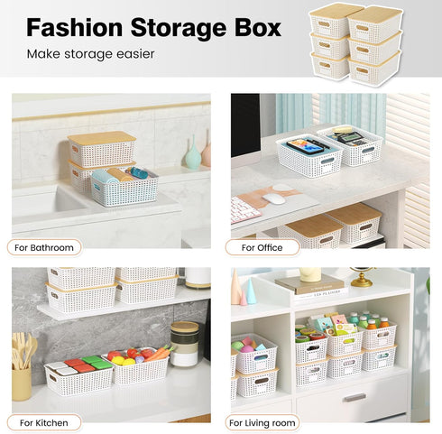 Plastic Storage Baskets with Bamboo Lid, Stackable Storage Containers for Organizing Shelves, Drawers, Desktop (6 Pack)