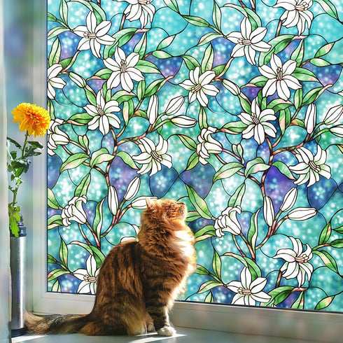 Coavas Decorative Window Privacy Film, Heat Control Sun Blocking Stained Glass Window Film, Floral Design Static Cling