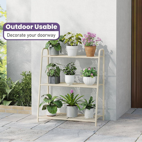 Wieghda 3-Tier 3 Corner Plant Stand, Metal Black Flower Pot Rack, Indoor Outdoor Heavy Duty Shelf (Cream, Tier)
