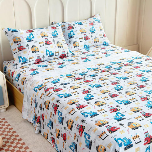 Queen Sheet Set Kids - Cars 4 Pieces Soft Microfiber Cartoon Style