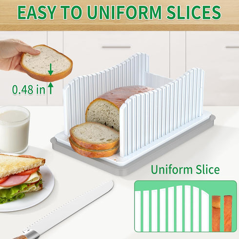 CAWIU Bread Slicer for Homemade Bread, Foldable Bread Cutter with Crumb Tray, Adjustable Width Bread Slicing Guide