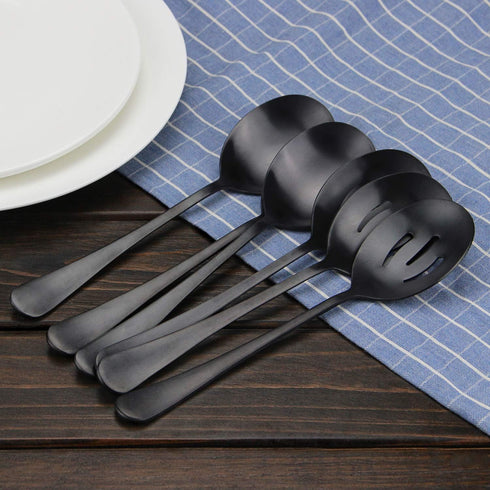 AOOSY 8.7 Inches Matte Black Utility Skimmer, 8 3/4" Stainless Steel Serving Spoons Set x 3, Slotted Spoons x 3 for