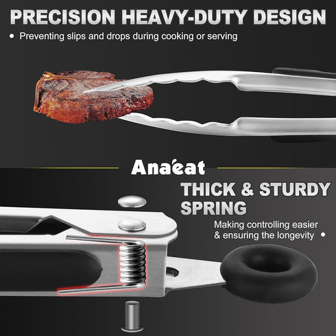 Anaeat Stainless Steel Locking Tong Set of 3 - Premium 7, 9 and 12 inch Kitchen Food Tongs with Non-Slip Silicone Tips and Grip for Serving, Cooking, Baking and BBQ - Heavy Duty & Heat Resistant by Anaeat