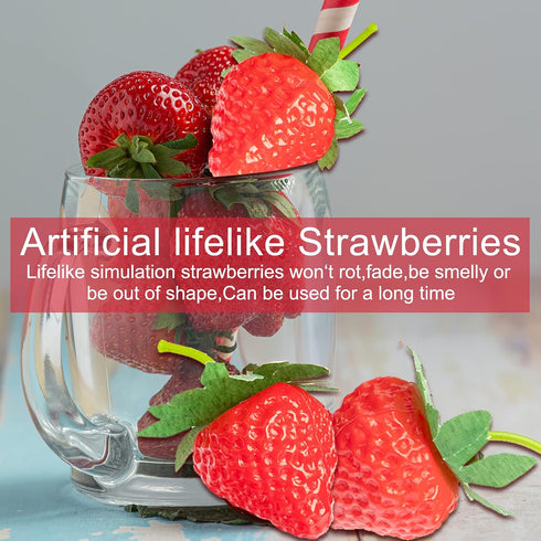 VIDELLY 20 Pieces Artificial Strawberries, Lifelike Red Realistic Plastic Fruit for Kitchen Party Decoration, Photo