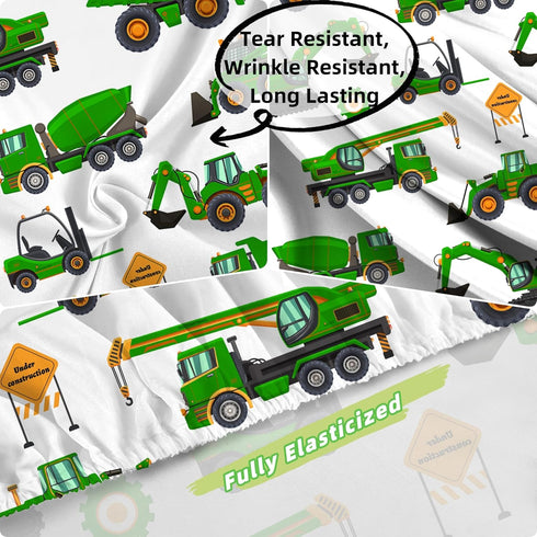 Set 4PC Set 1 1 2 Sheet Green Tractor: Queen Size Cartoon Excavator Truck Bed Sheets for Boys Kids Toddler Deep Pocket
