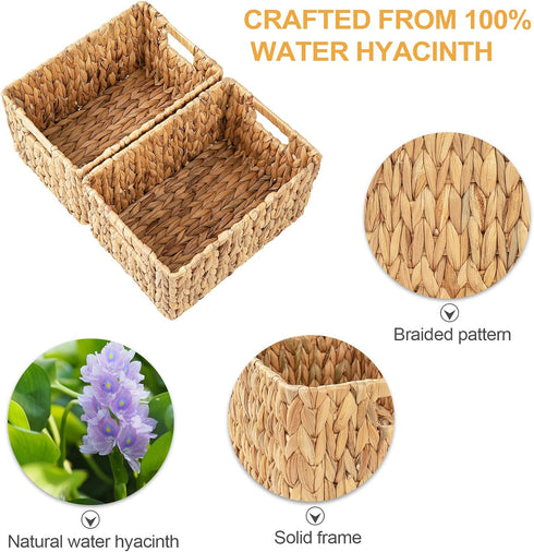 ELONG HOME 2 Pack Water Hyacinth Wicker Baskets, Rectangular 12" Woven Storage Baskets with Handles for Shelves