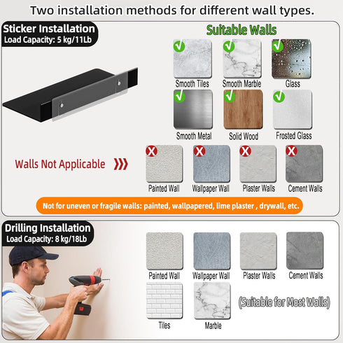 Set 2, 30CM, HNVNER Metal Floating Shelves of Length Black Wall Shelf for Bathroom, Display Shelves for Wall Decorative