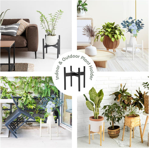 Wooden Plant Stand, 12.2" x 13.8" Indoor Outdoor Holder, Natural Boho Style, Assembly Required (Black, Excluding Potted