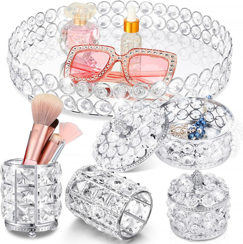 Tioncy 5 Pieces Crystal Makeup Decorative Vanity Tray Set - Mirrored Perfume Holder for Dresser, Jewelry Organizer