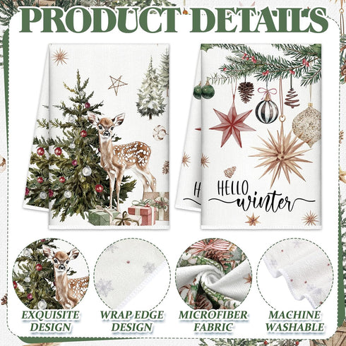 FuWeave Christmas Kitchen Towels Beige Xmas Tree Dishtowels Decorative Hello Winter Hand Towels Absorbent Gloves Ball
