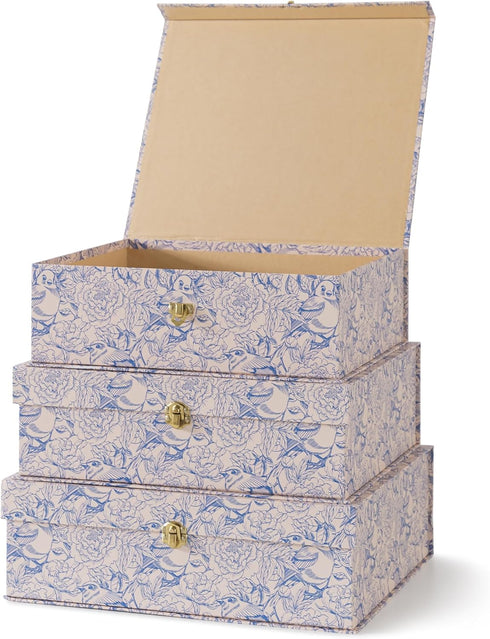 Soul & Lane Blue and White Floral Cardboard Decorative Storage Boxes with Gold Hardware - Set of 3, Aviary Garden for