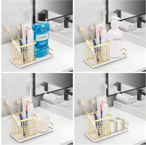 HarJue Toothbrush Holder, Luxurious Metal Toothbrush Toothpaste Holder with Marble Base for Bathroom, Multi-Slots