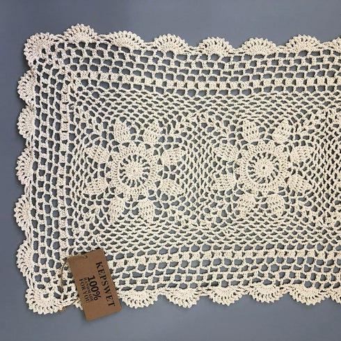 KEPSWET Sunflower Cotton Handmade Crochet Lace Rectangle Table Runner, Beige (14x60 inch)