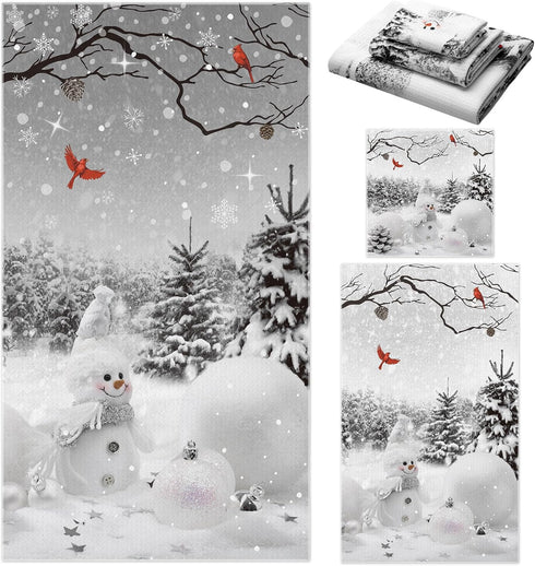 Preboun 3 Pack Christmas Snowman Bathroom Towels Set Grey Winter Forest Hand
