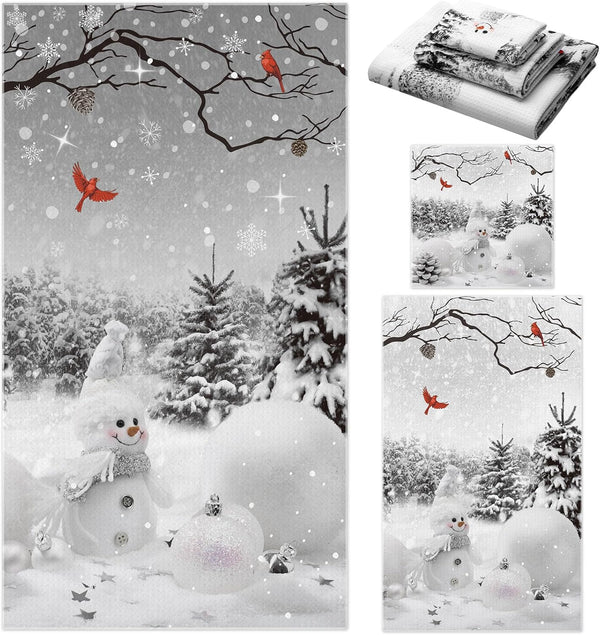 Preboun 3 Pack Christmas Snowman Bathroom Towels Set Grey Winter Forest Hand